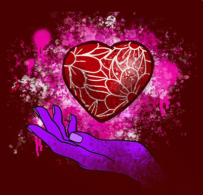 Art by artist Binho, depicting a hand holding a heart
