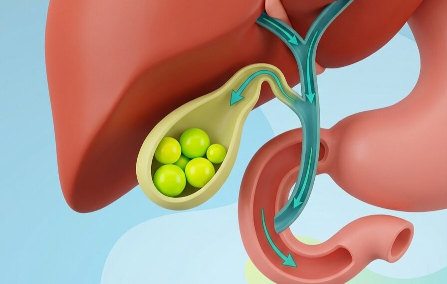 Illustration of the liver and gallbladder with an emphasis on gallstones, representing the formation of gallstones.