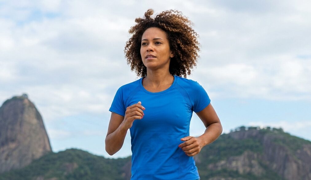 An adult woman doing physical activity on the beach.