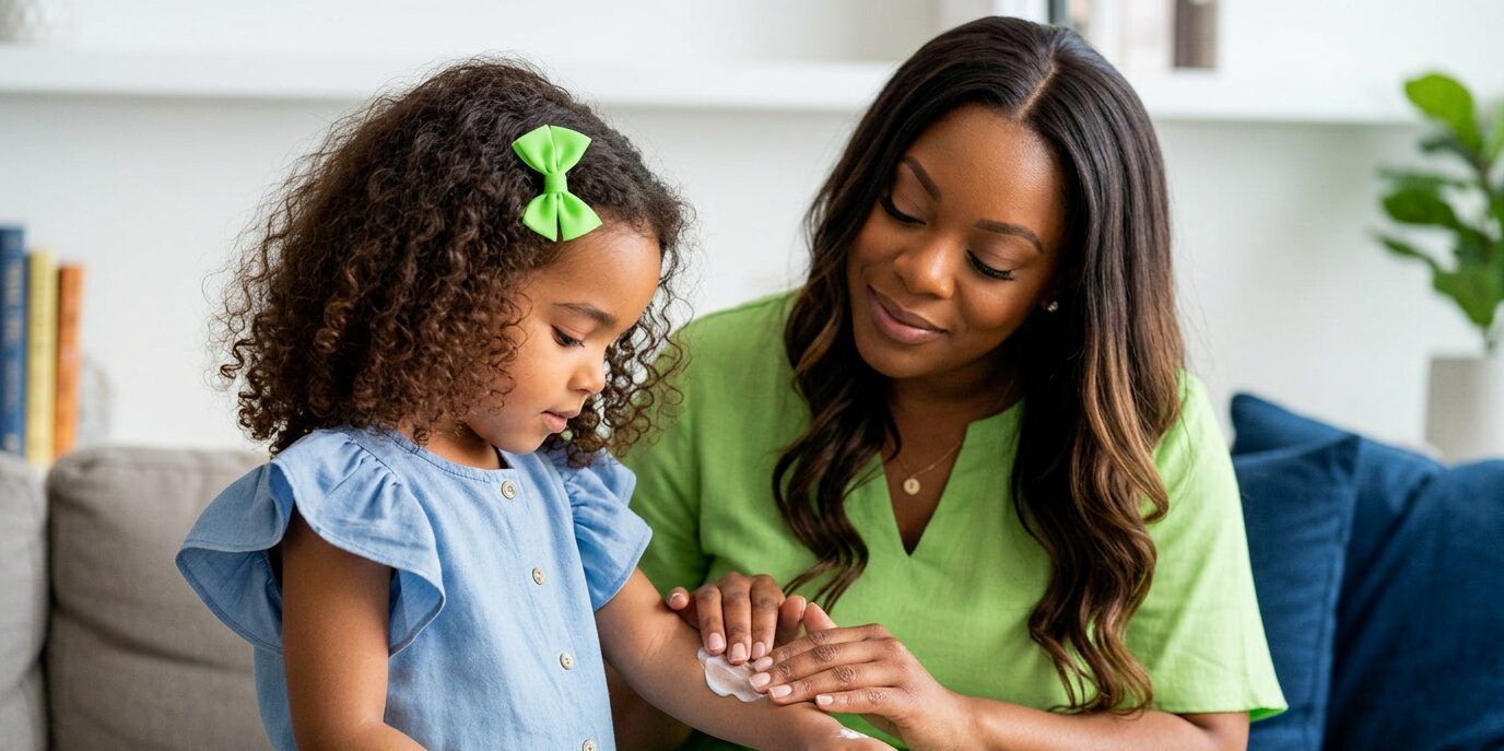 Child receives skin moisturizing care.