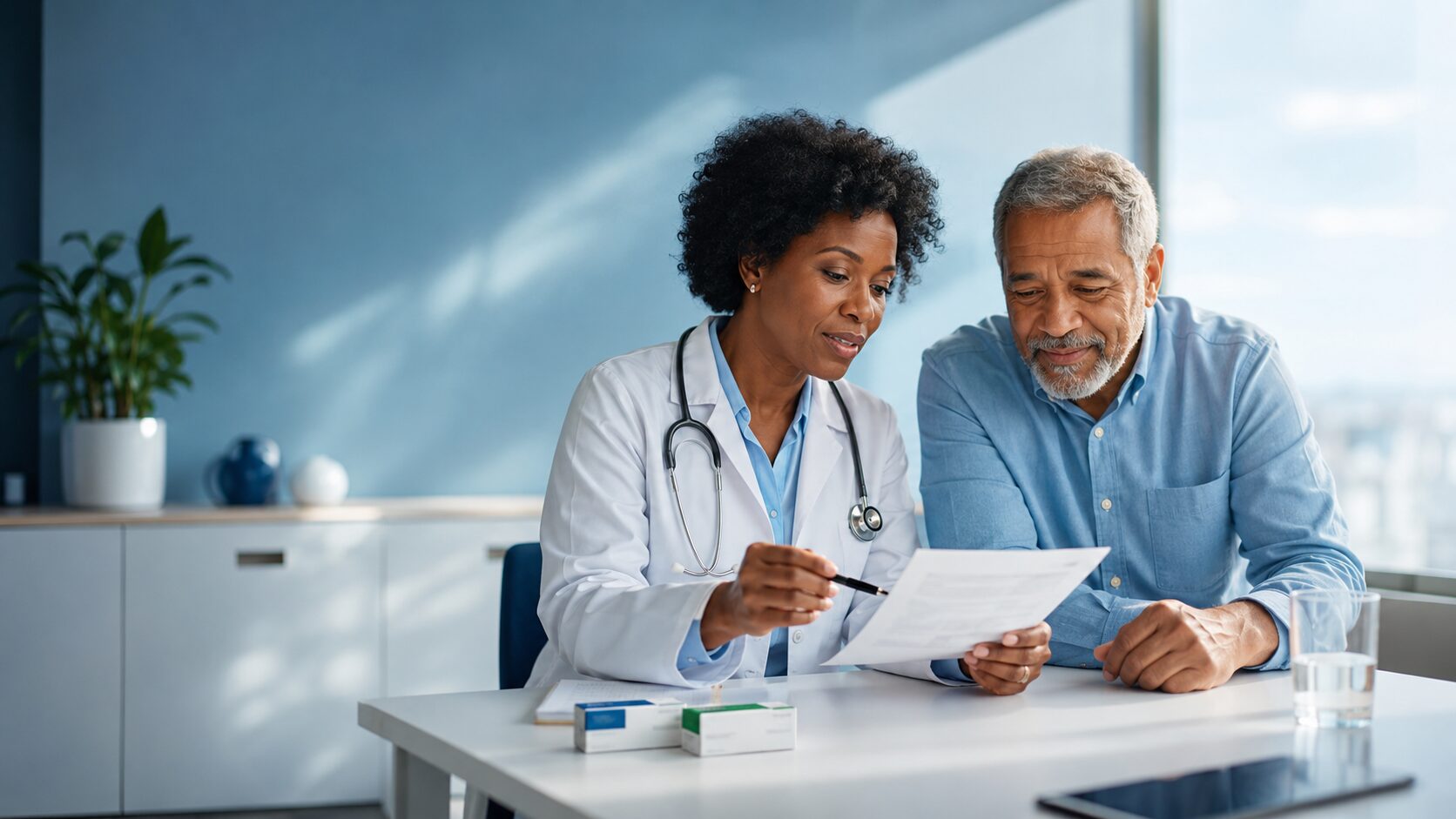A doctor explains the differences between generic and brand-name drugs to a patient during an office visit.