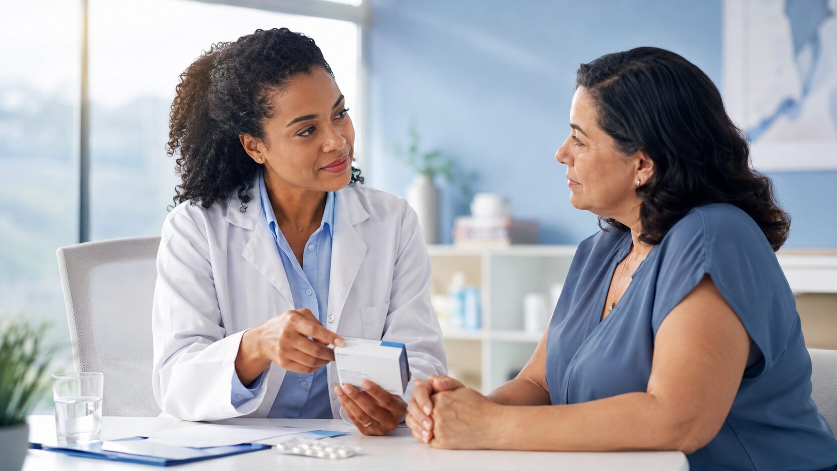 A doctor advises a patient during a consultation on the reliability and use of generic drugs.