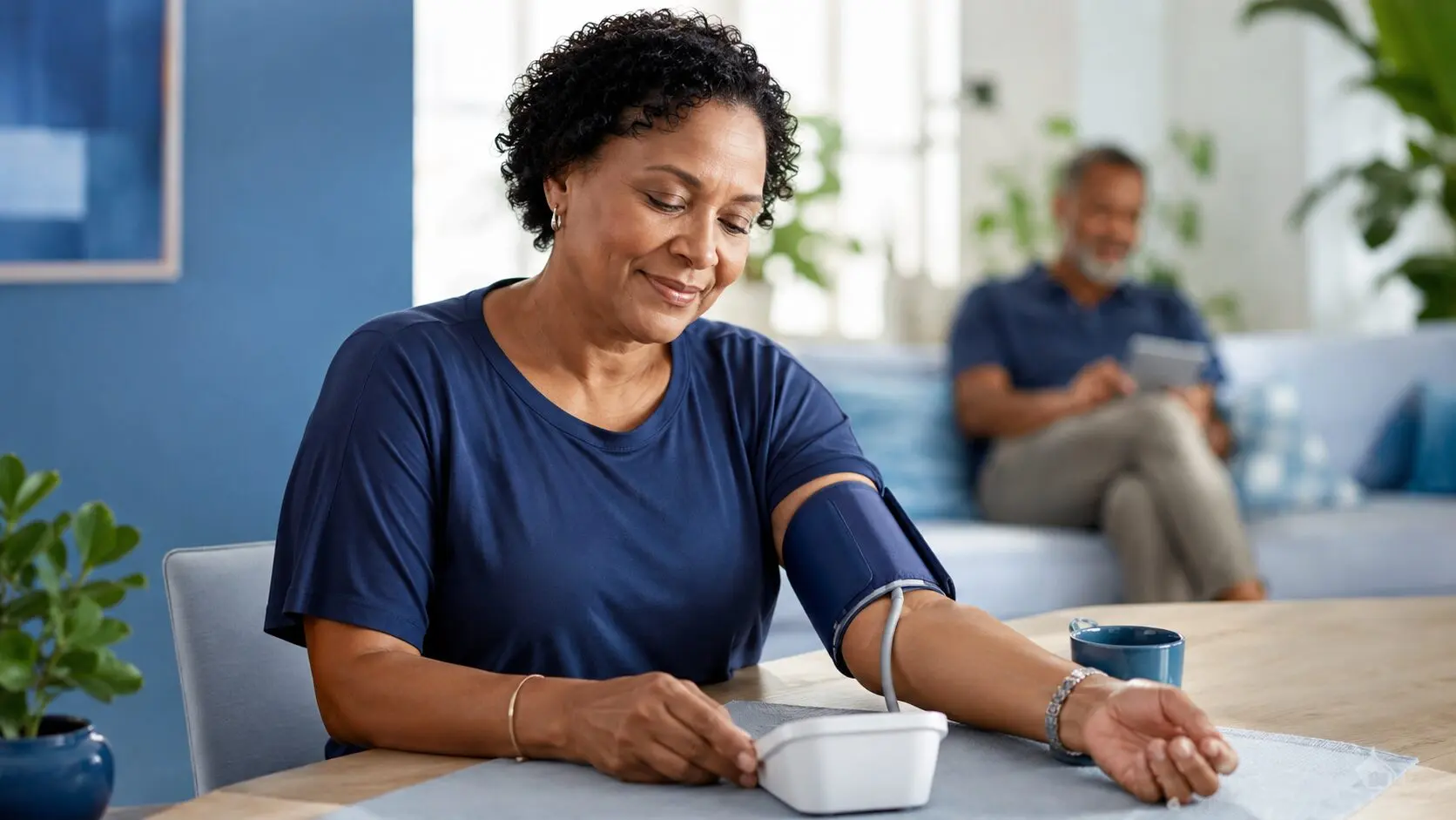 A woman having her blood pressure taken