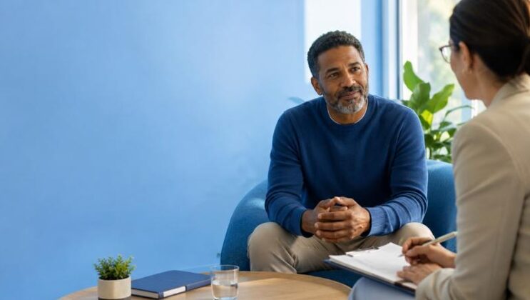 A patient talks with a psychologist during an appointment about mental health and emotional well-being