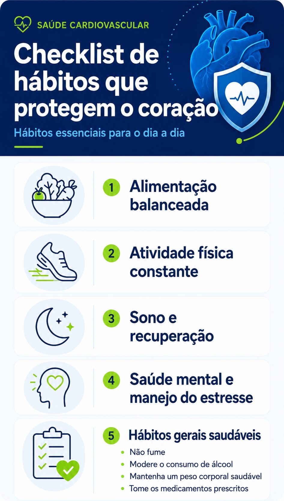 Este material recoge los pilares fundamentales de la prevención cardiovascular: una alimentación equilibrada, la actividad física, el sueño, el control del estrés y hábitos saludables, como no fumar, consumir alcohol con moderación y mantener un peso corporal adecuado.