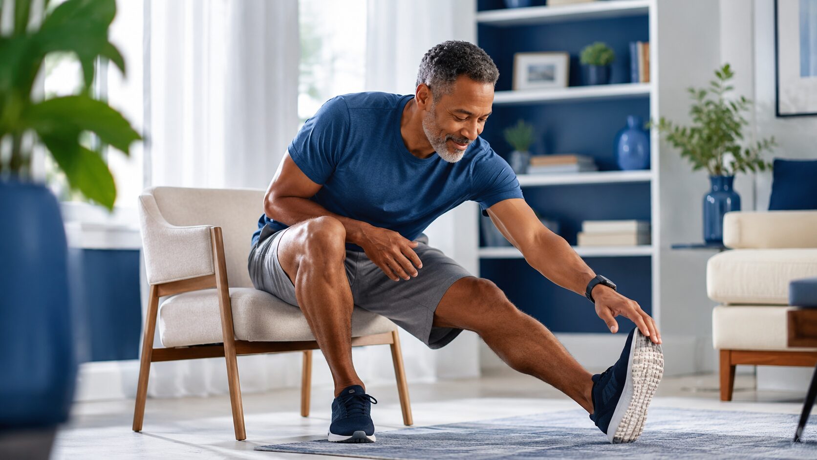 Man does stretching exercises at home to relieve joint pain and stiffness in his legs