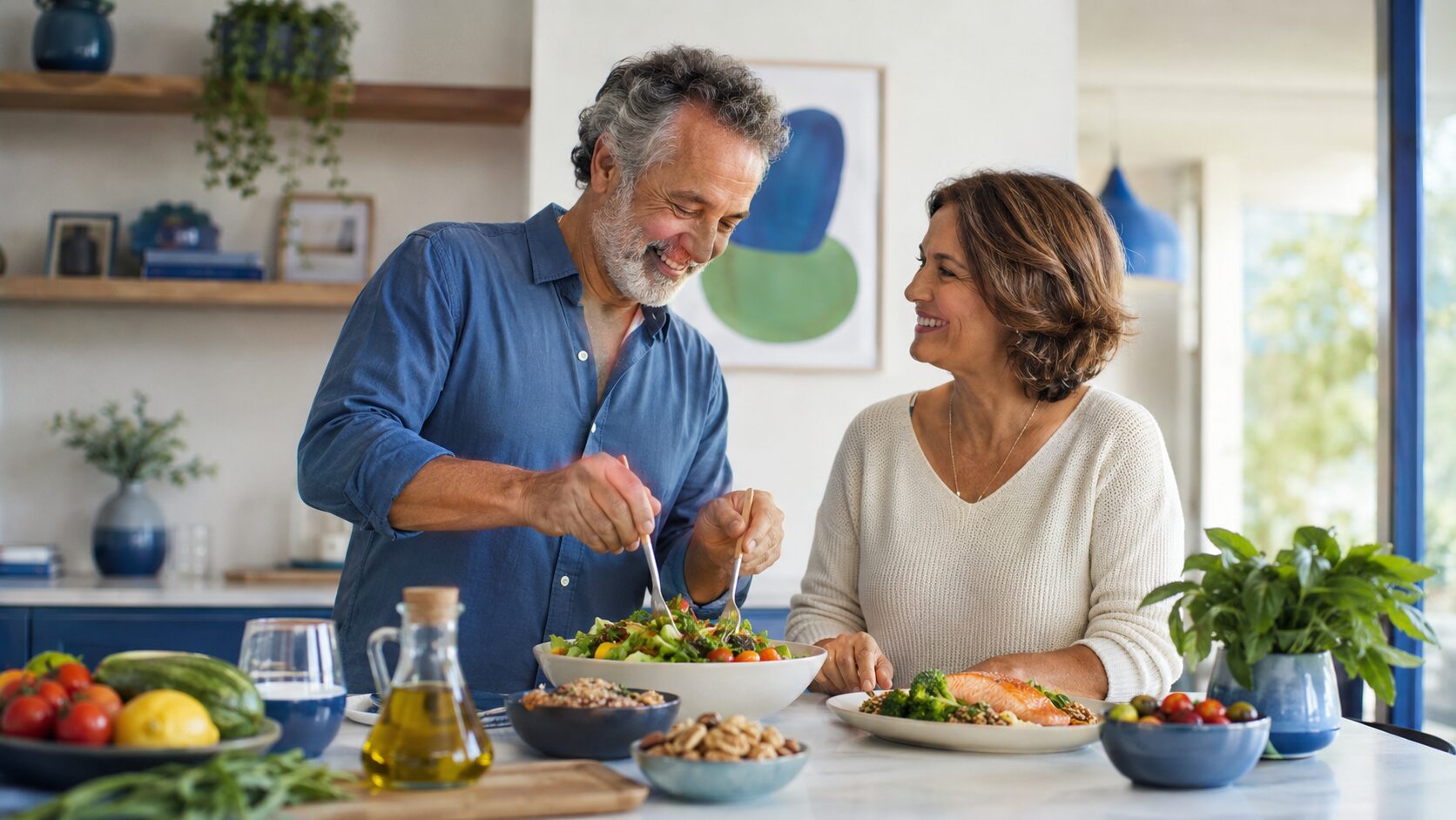 Una pareja prepara y comparte una comida a base de ensalada, pescado, aceite de oliva y alimentos frescos, que representa una alimentación saludable para el corazón.