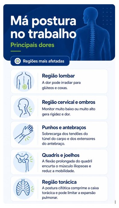 An infographic shows the main types of pain caused by poor posture at work, including lower back, neck, shoulder, and wrist pain