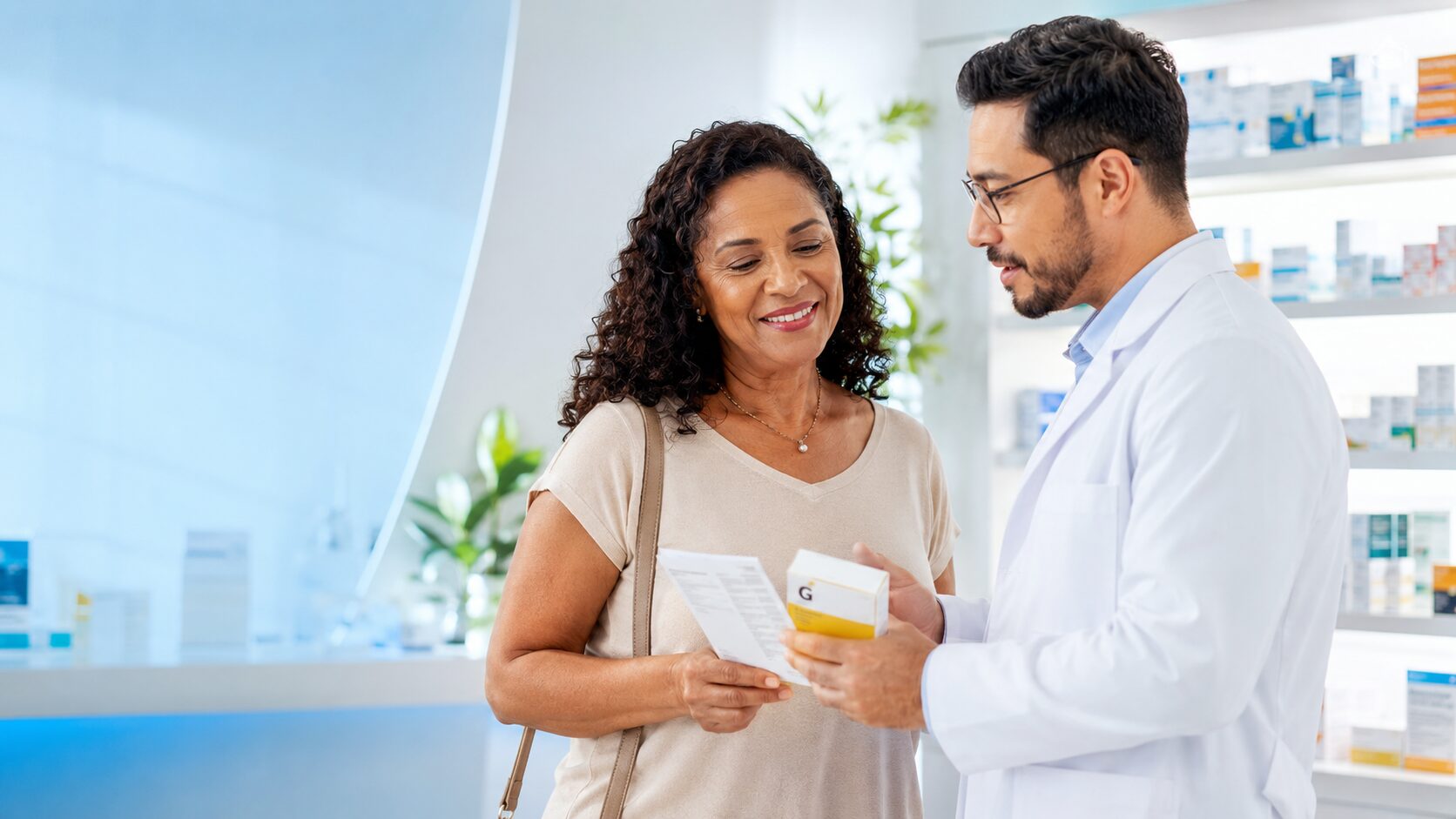 A pharmacist shows a patient a package of medication during a consultation at a pharmacy.