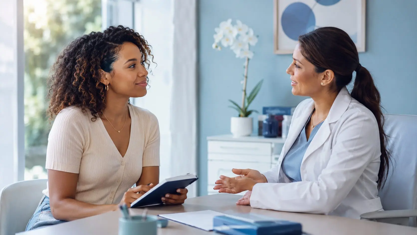 A healthcare professional advises a patient on contraceptive options during an office visit.
