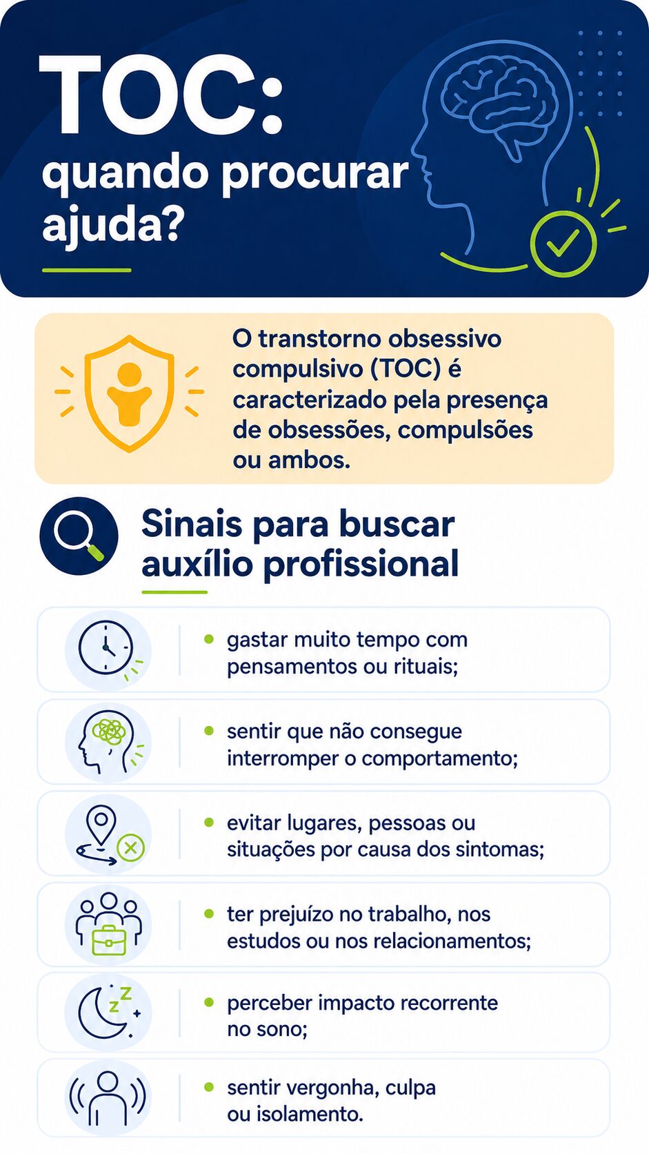Infográfico sobre os sinais acerca do transtorno obsessivo compulsivo para quando buscar ajuda
